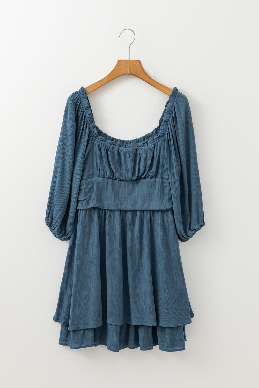 Teal Frilled 3/4 Sleeve Ruched Mini Dress