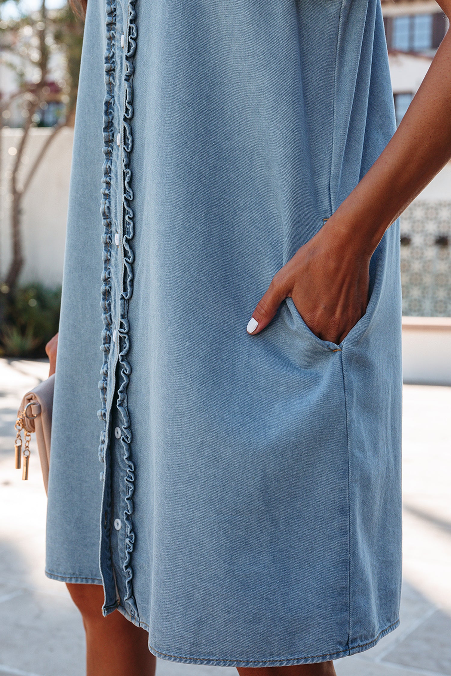 PRE-ORDER: Button Down Ruffle Sleeve Denim Mini Dress