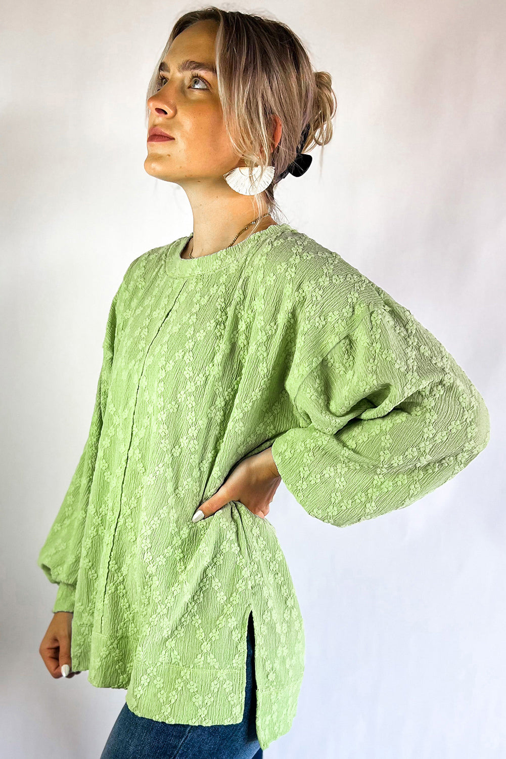 Light Green Textured Side Split Crew Neck Blouse
