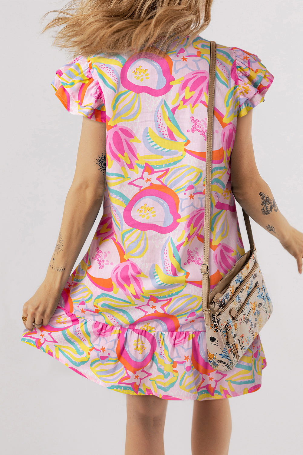 Pink Abstract Floral Ruffle Sleeve Buttoned Dress