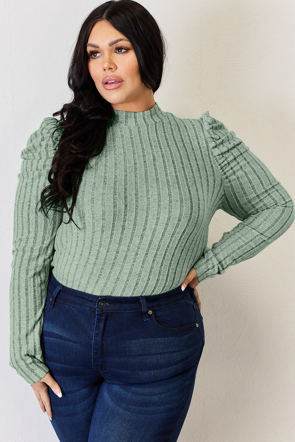 Ribbed Mock Neck Puff Sleeve Top