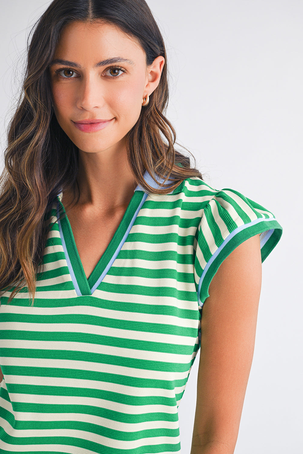PRE-ORDER: Striped Ruffle Short Sleeve Pop of Color Neckline Dress