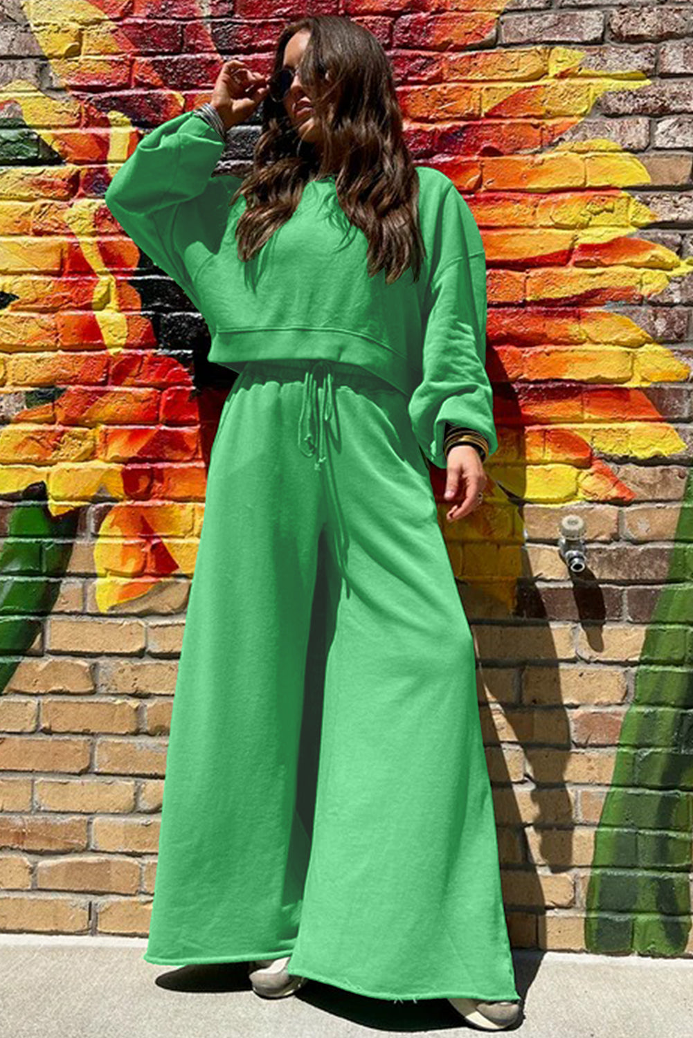 Drop Shoulder Crop Pullover Drawstring Wide Leg Pants Set