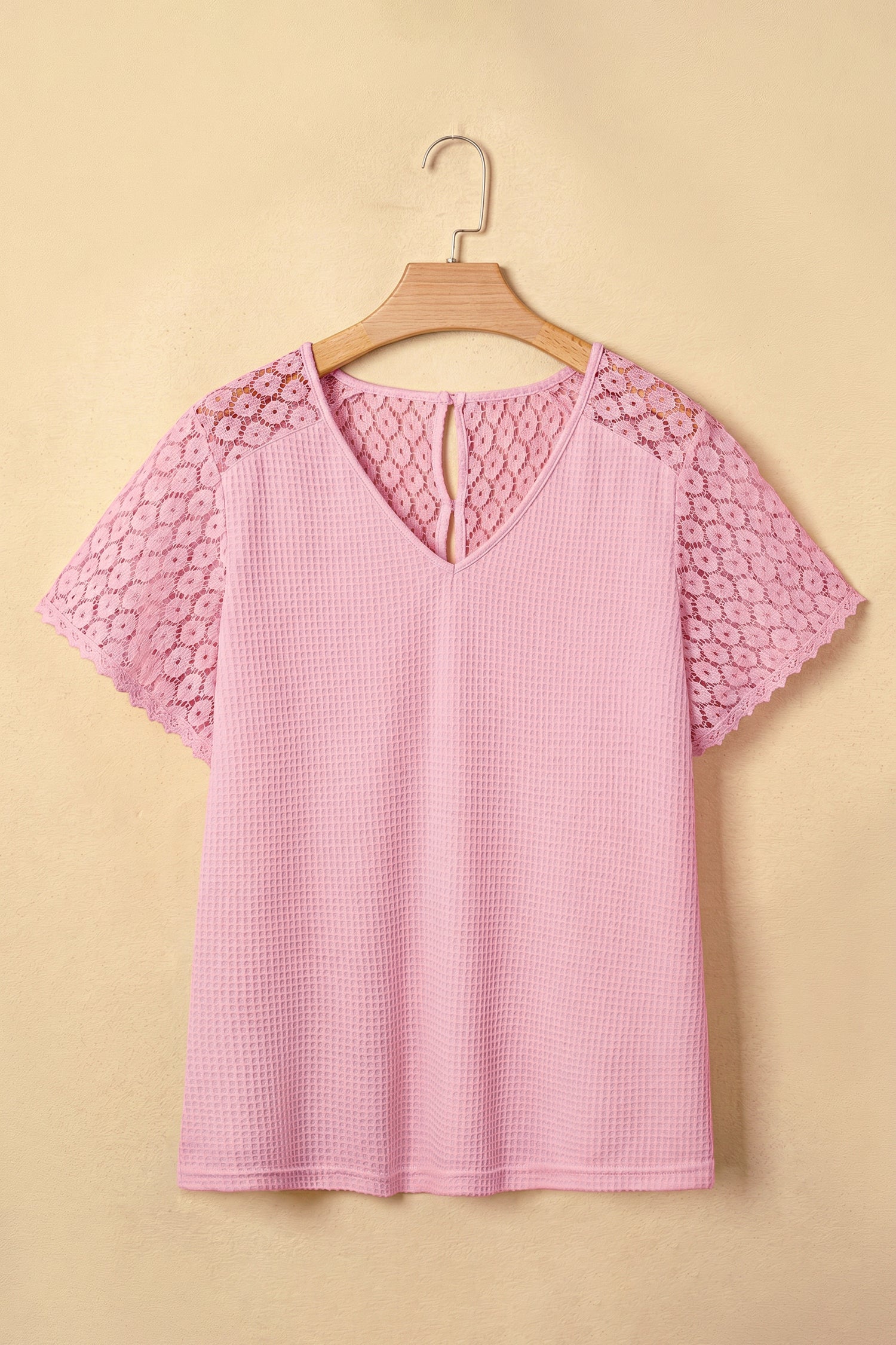 PRE-ORDER: Lace Splicing Button V Neck Waffle Knit Blouse