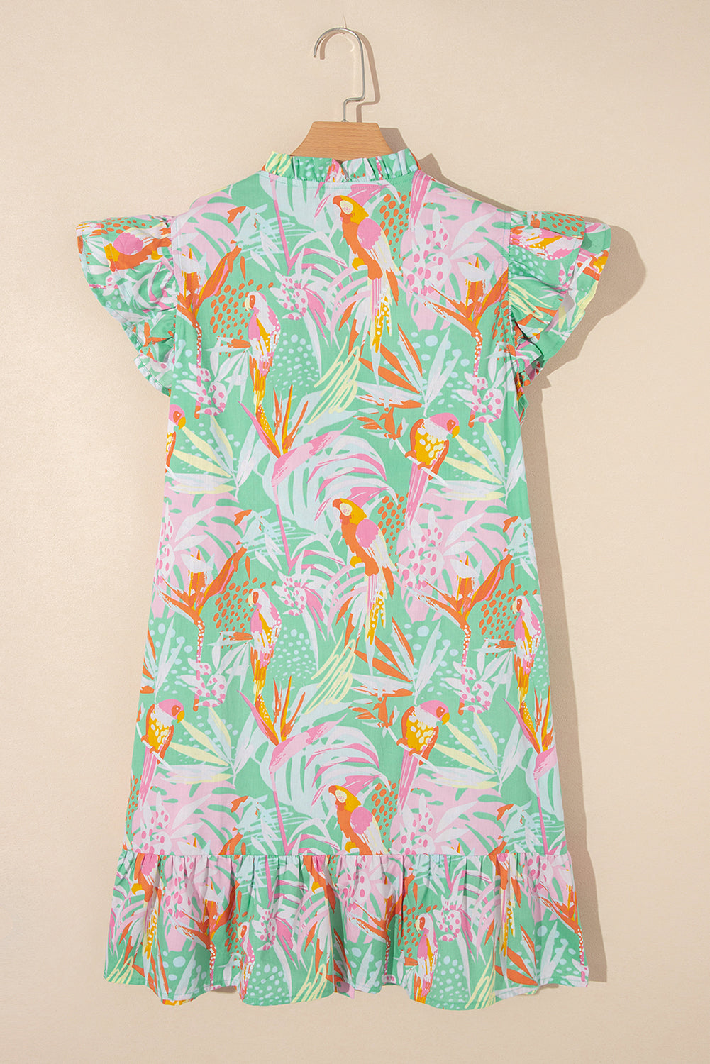 Pink Abstract Floral Ruffle Sleeve Buttoned Dress
