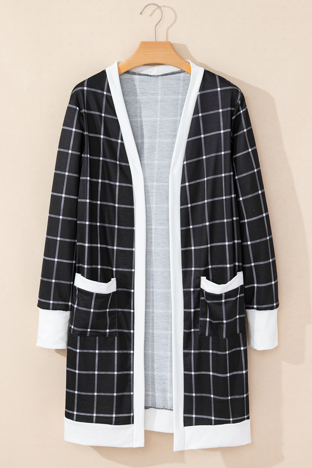 Black Plaid Colorblock Edge Cardigan with Pockets