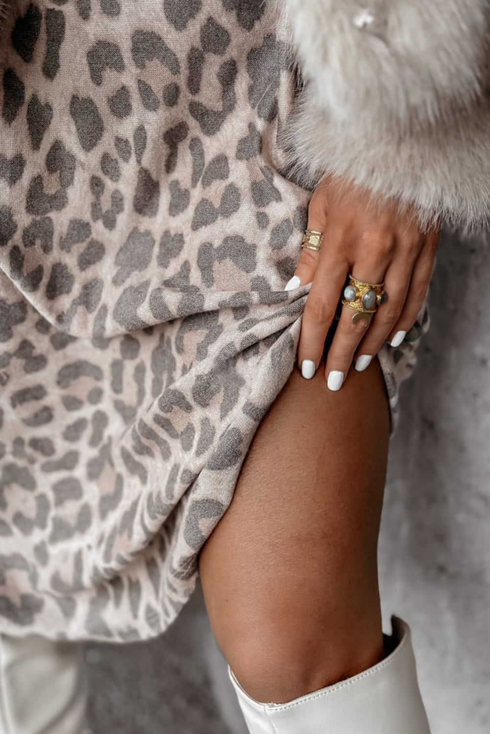 PRE-ORDER: Gray Leopard Print V Neck Loose Fit Long Sleeve Midi Dress