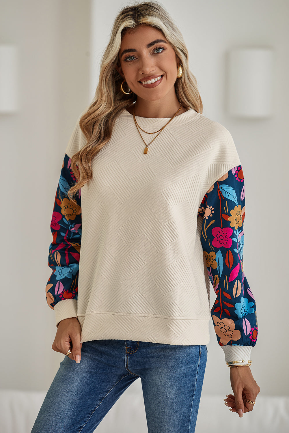 PRE-ORDER: Vintage Flower Patchwork Sleeve Textured Top