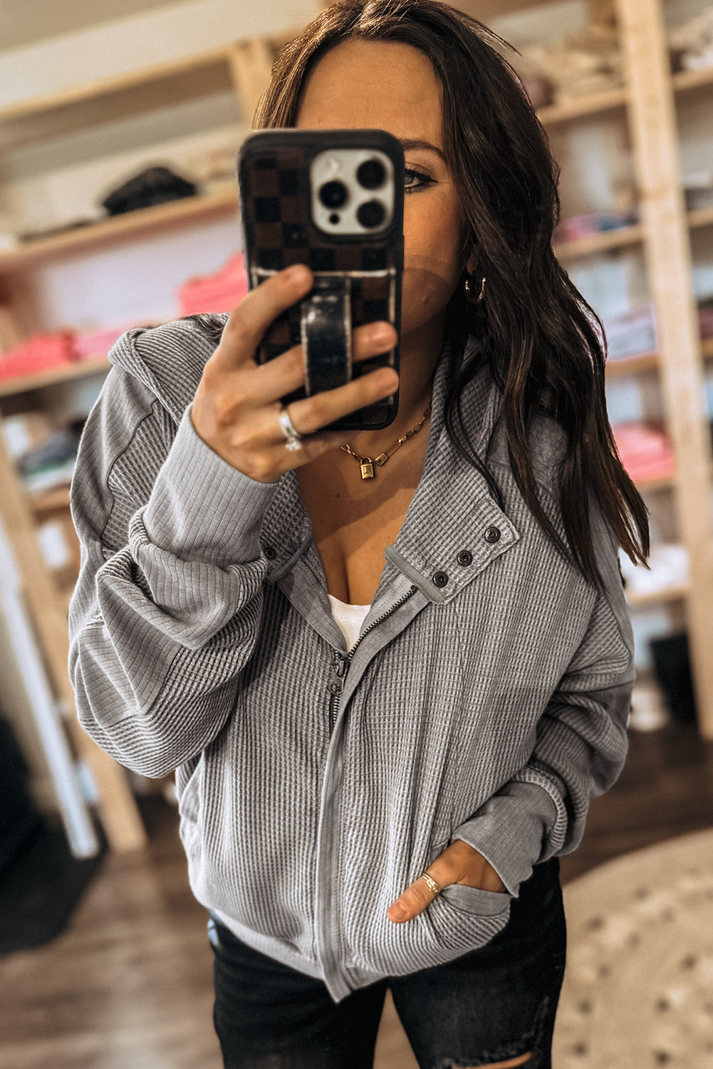 Waffle Splicing Zip Up Front Button Hooded Jacket