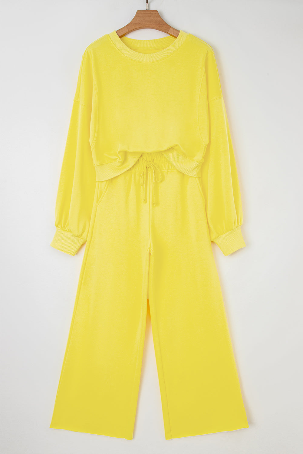 Drop Shoulder Crop Pullover Drawstring Wide Leg Pants Set