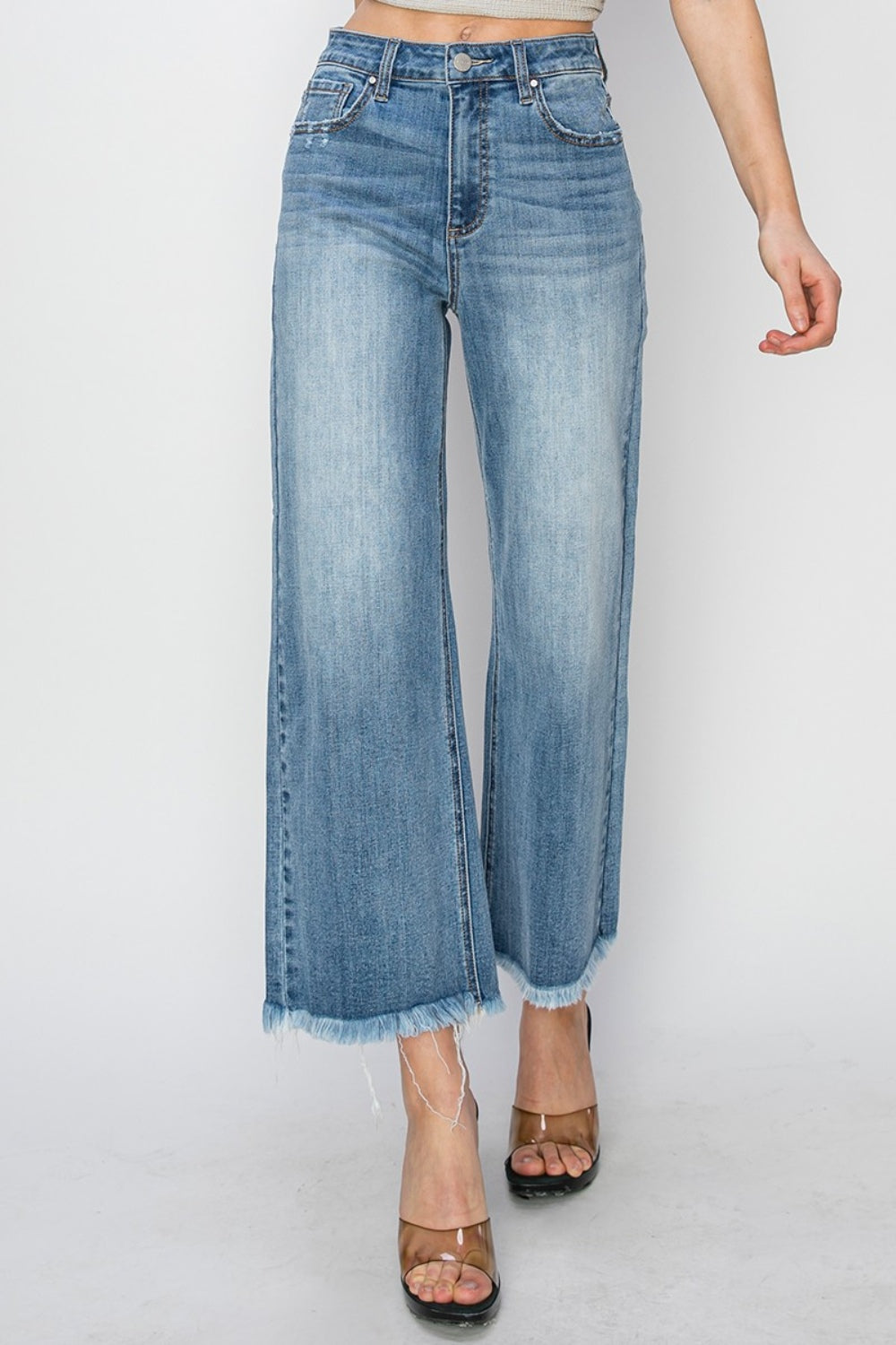 High Rise Raw Hem Cropped Wide Leg Jeans