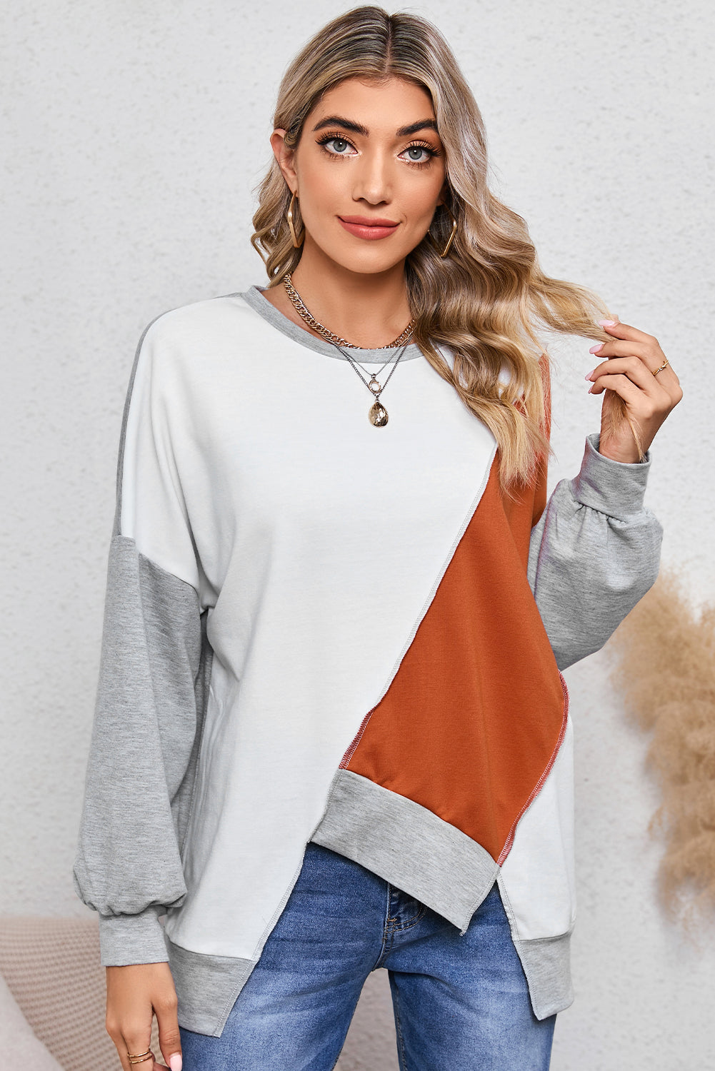 PRE-ORDER: Colorblock Stitching Irregular Hem Long Sleeve Top