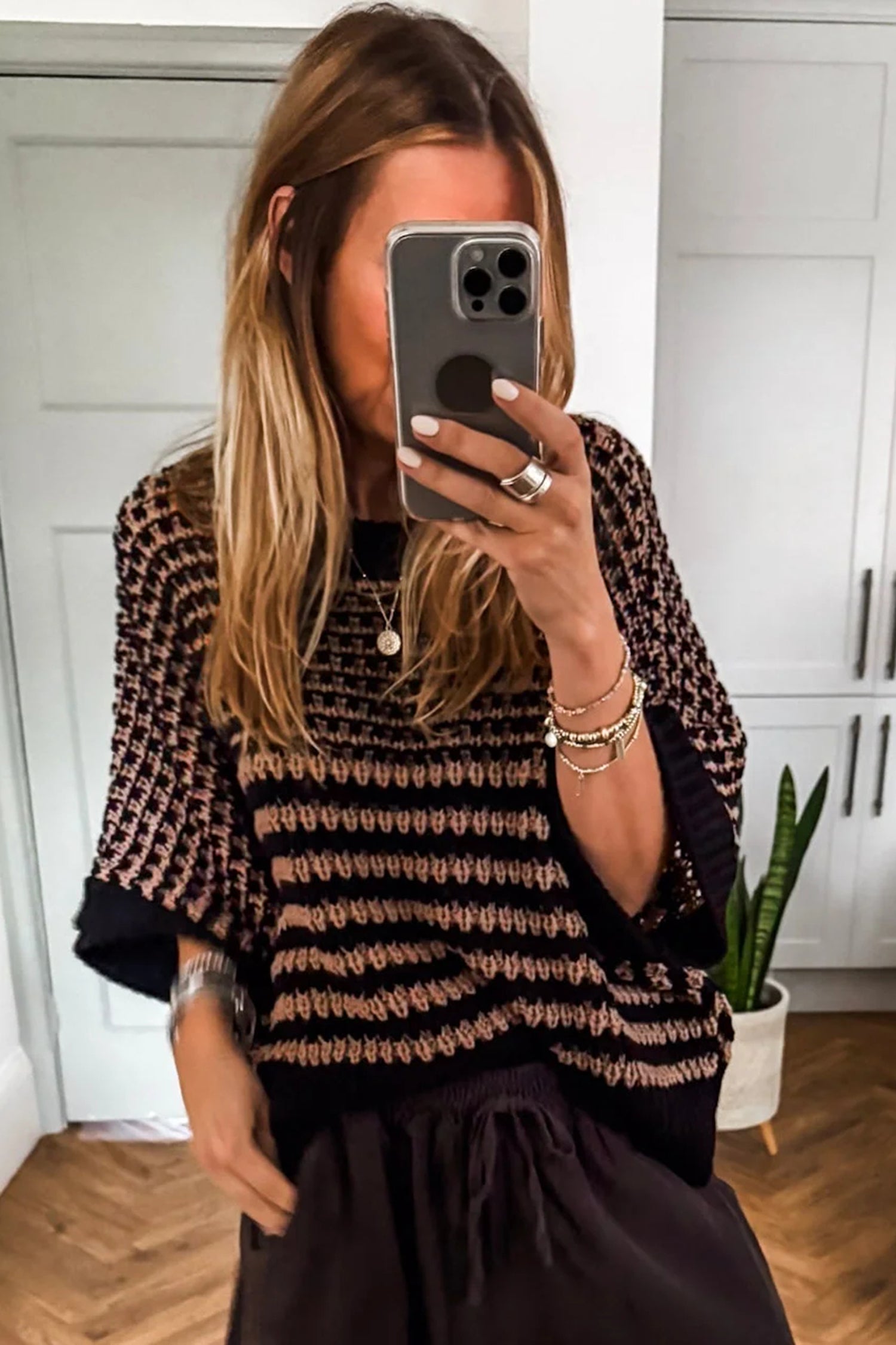 PRE-ORDER: Striped 3/4 Draped Sleeve Slouchy Sweater
