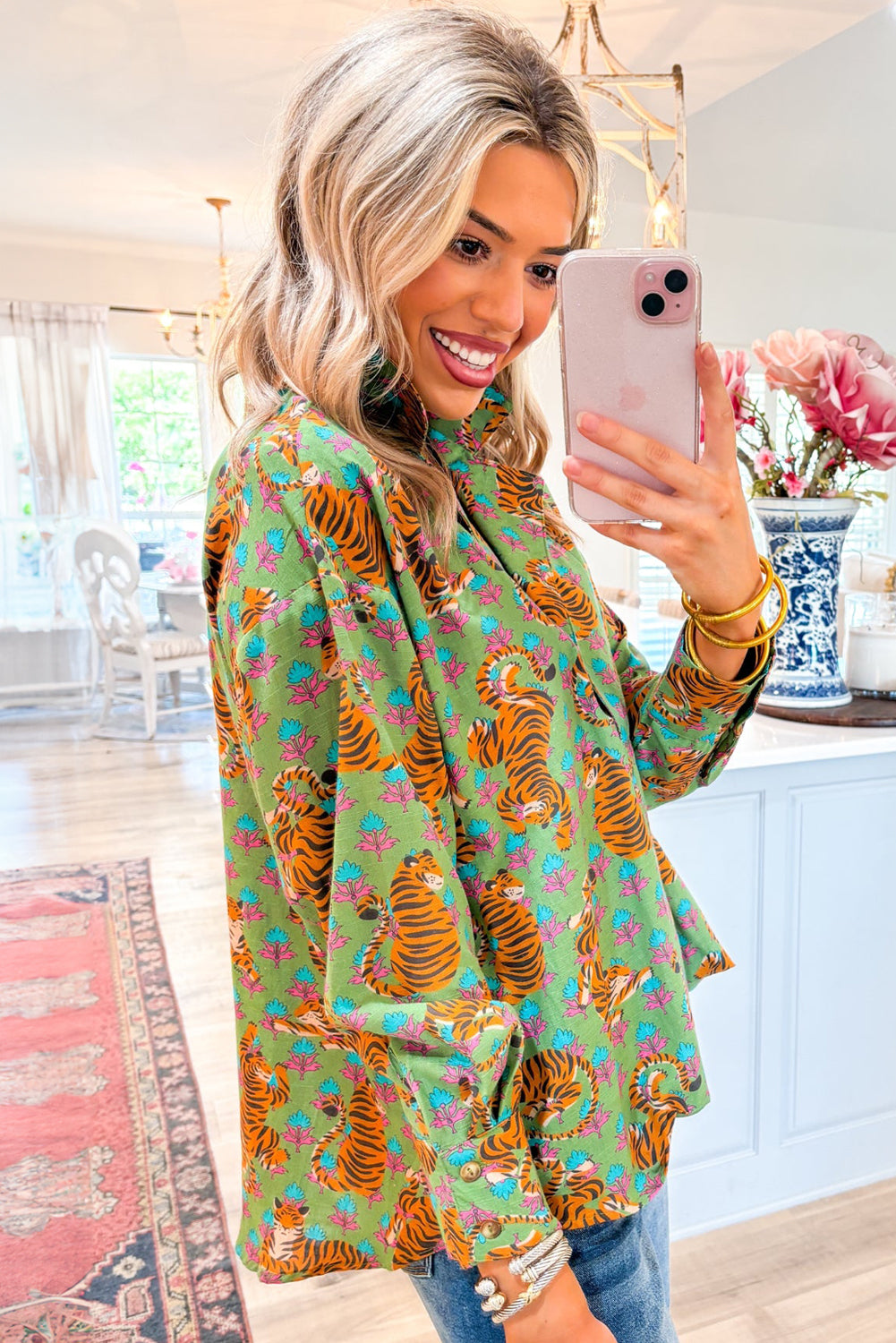 Green Tiger Floral Printed Collared V Neck Blouse