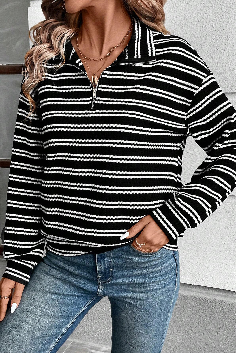 Black Stripe Textured Quarter Zip