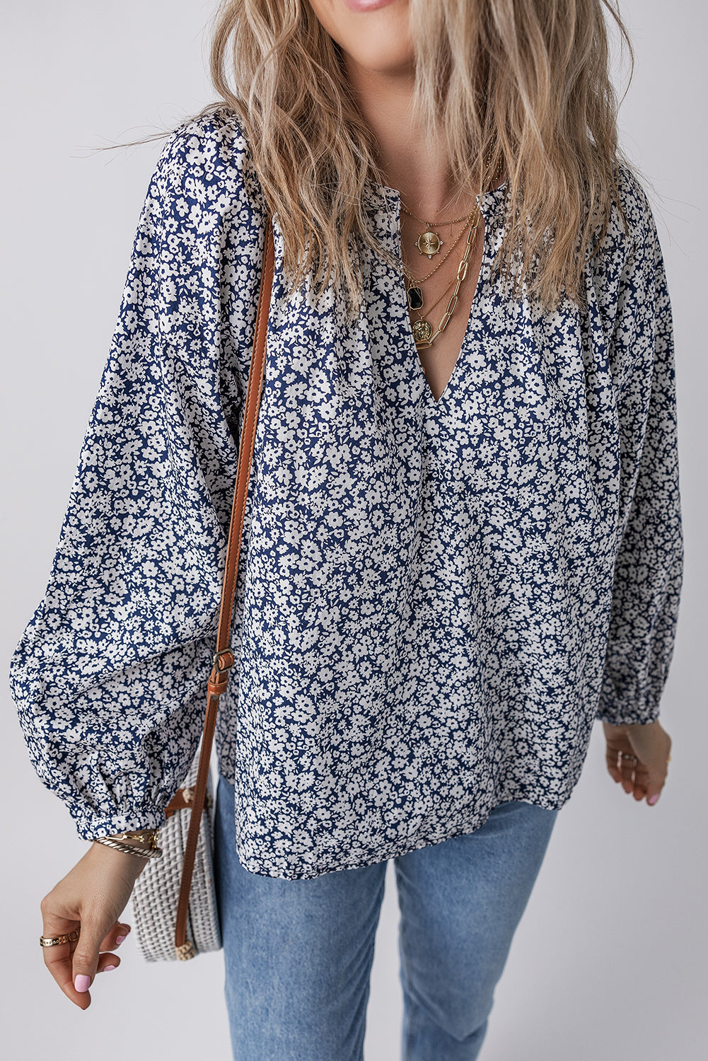 Blue Floral Print V Neck Puff Sleeve Blouse