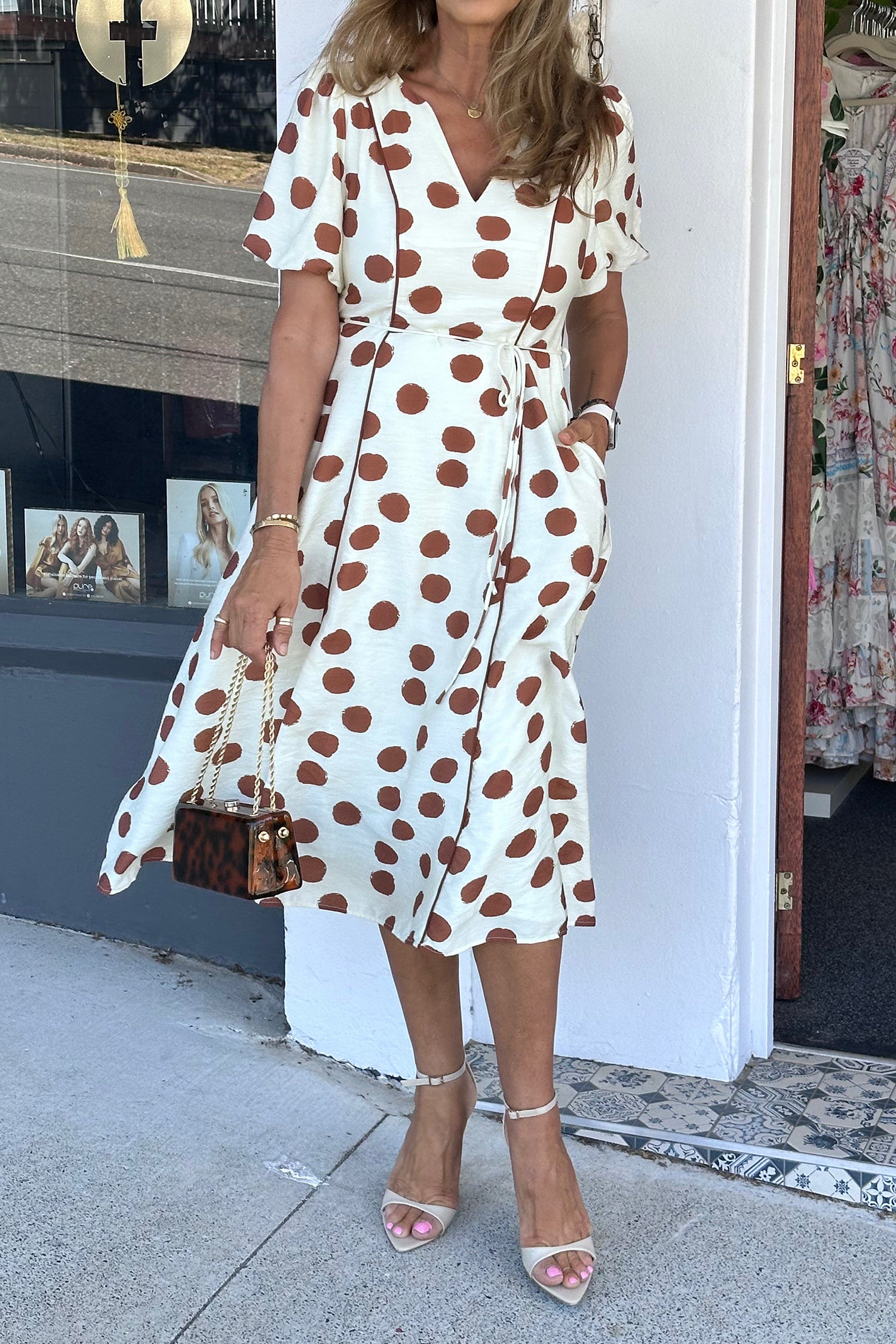 PRE-ORDER: White Polka Dot Printed V Neck Short Sleeve Tie Waist Midi Dress