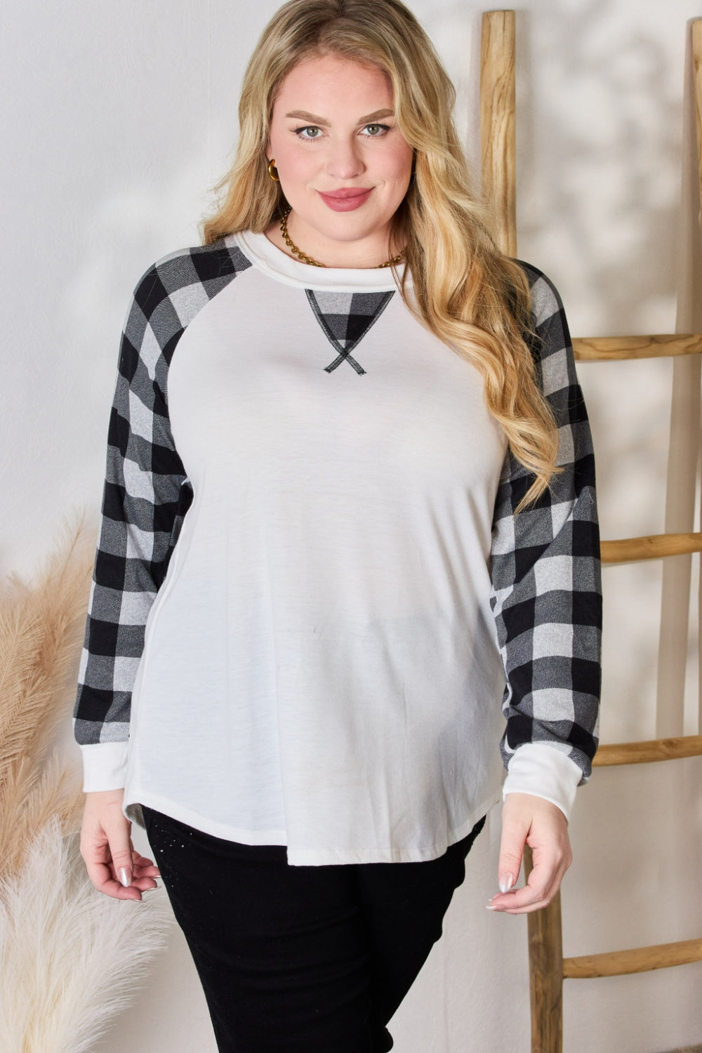 Plaid Raglan Sleeve Round Neck Blouse