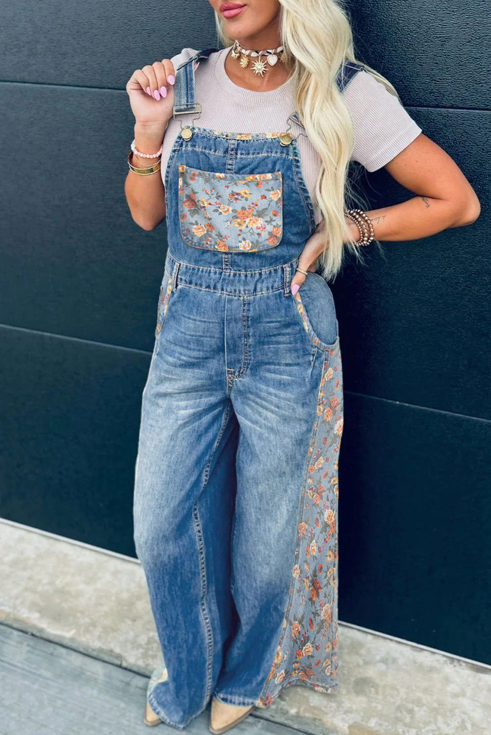 PRE-ORDER: Blue Floral Patchwork Bib Denim Wide Leg Overalls