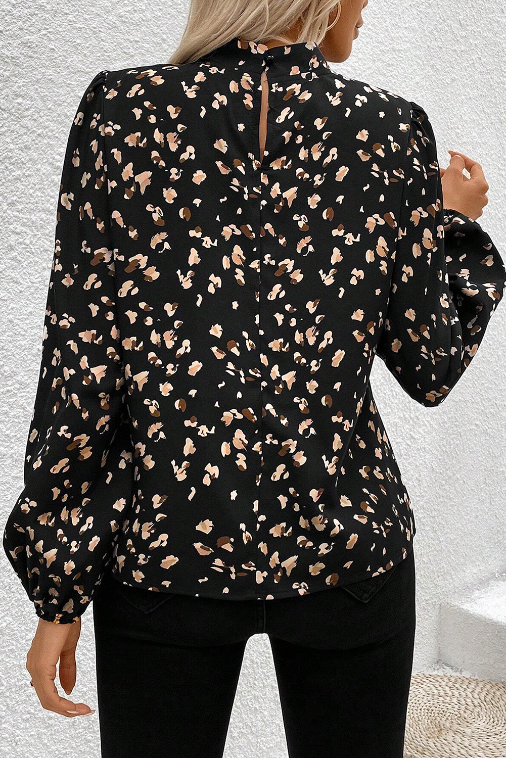 PRE-ORDER: Leopard Print Puff Sleeve Mock Neck Pleated Blouse