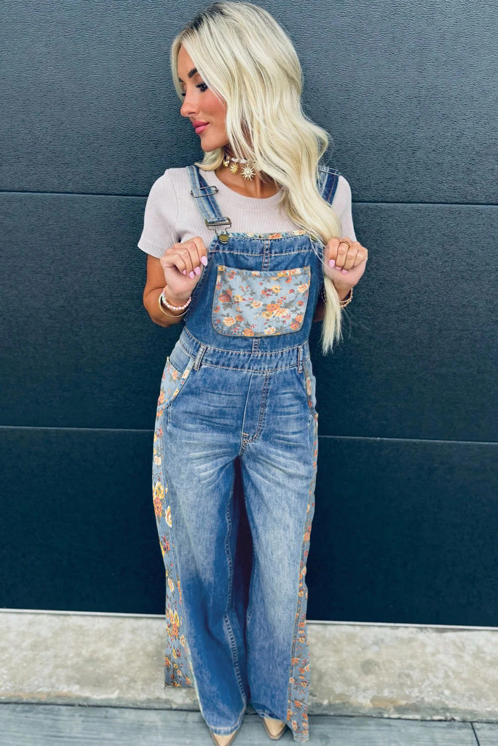 PRE-ORDER: Blue Floral Patchwork Bib Denim Wide Leg Overalls