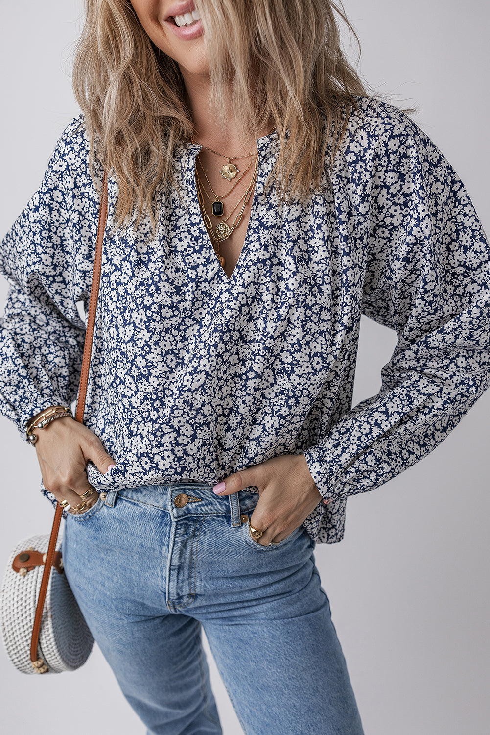 Blue Floral Print V Neck Puff Sleeve Blouse