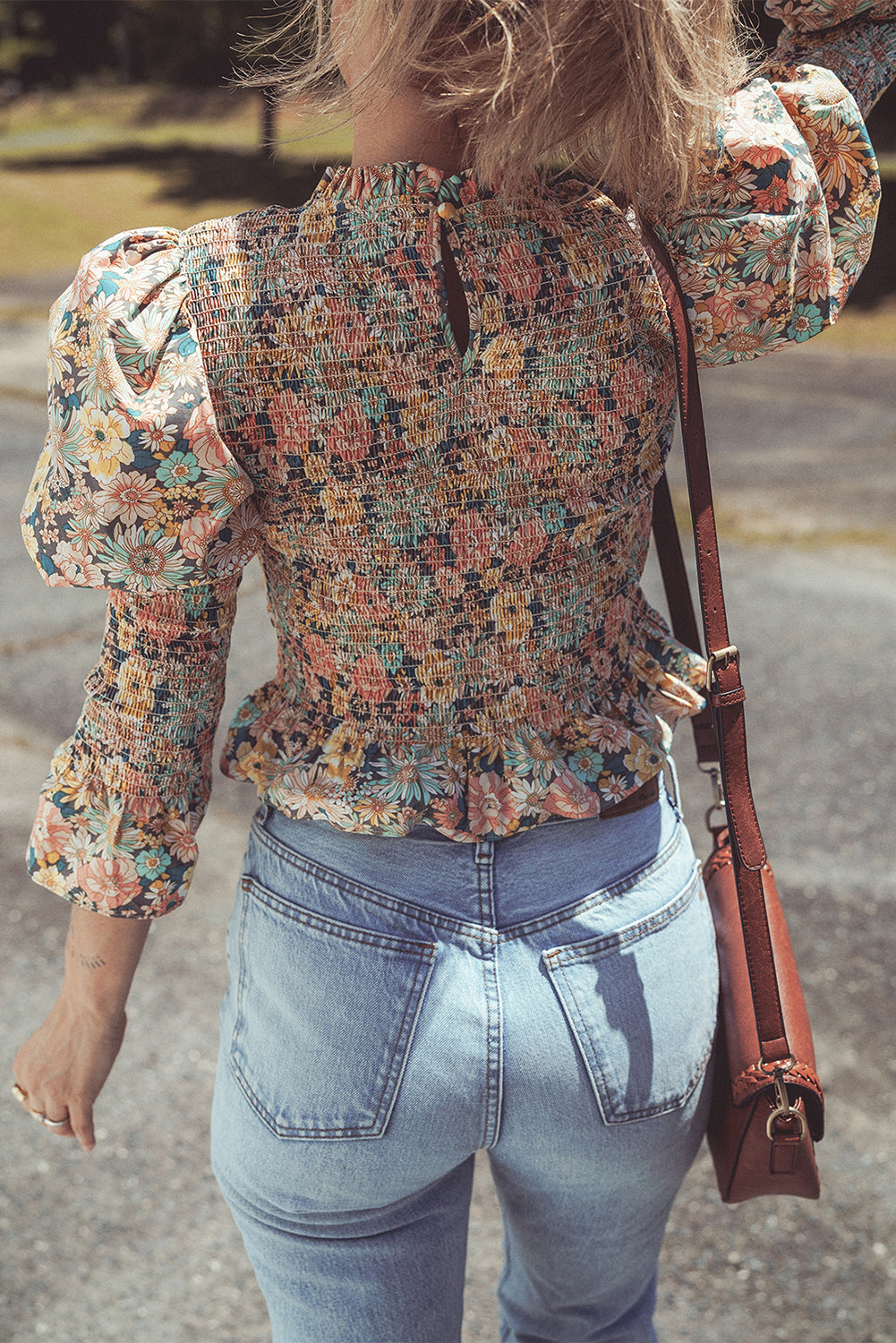 Yellow Floral Smocked Bubble Sleeve Crop Top