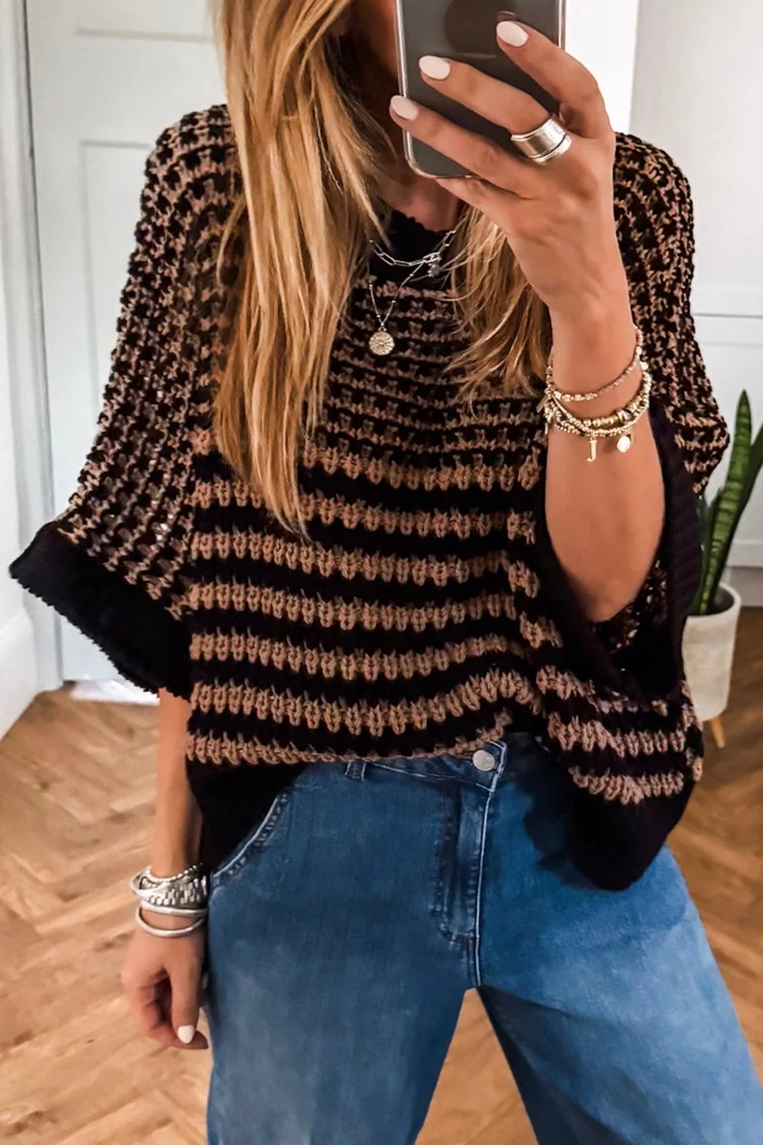 PRE-ORDER: Striped 3/4 Draped Sleeve Slouchy Sweater