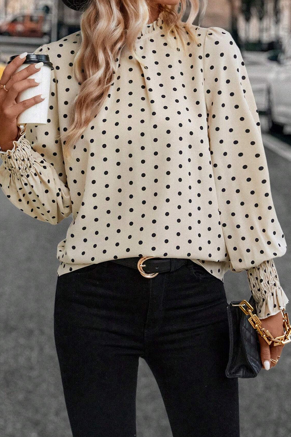PRE-ORDER: Apricot Polka Dot Print Frill Neck Smocked Lantern Sleeve Blouse