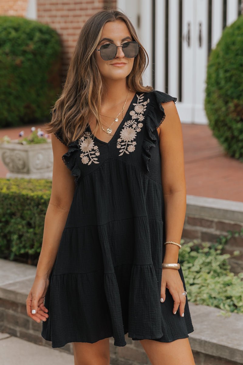 Black Embroidered Tiered Mini Dress