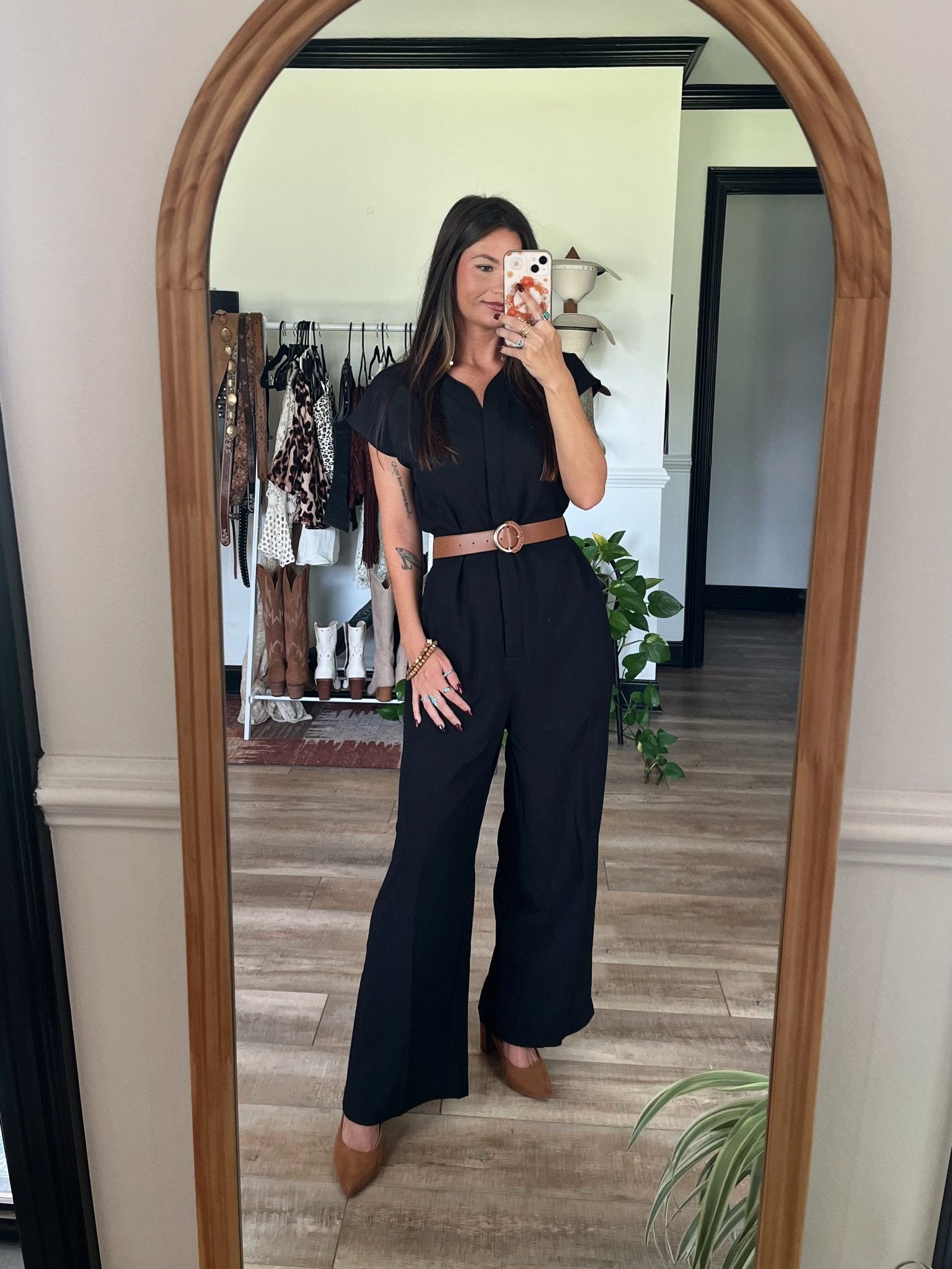 Black Short Sleeve Belted Jumpsuit
