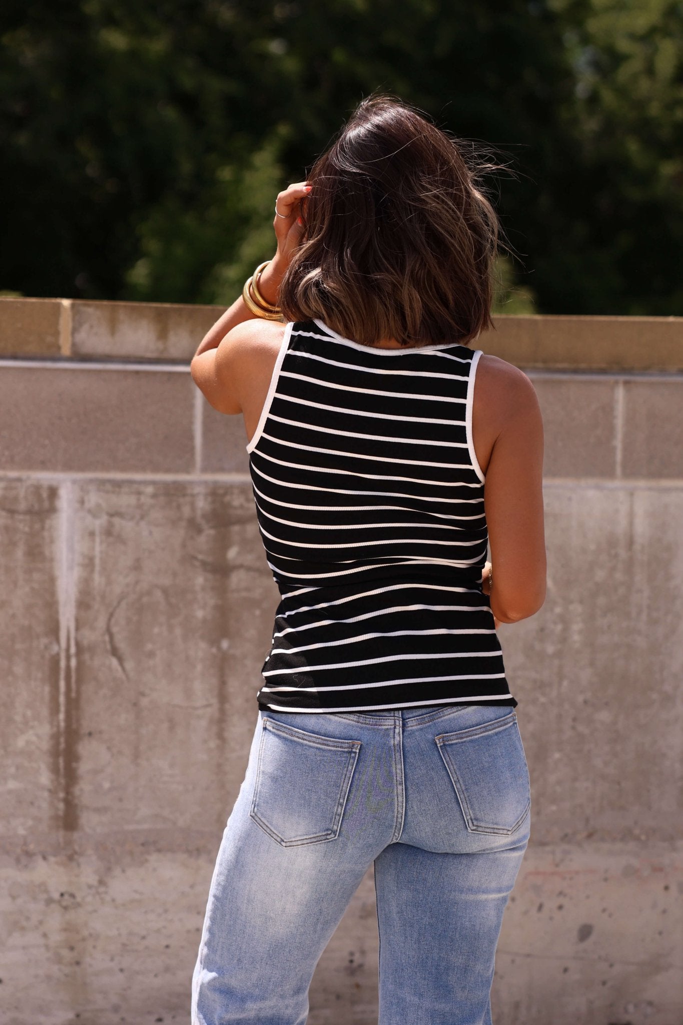 Black Striped Rib Button Tank Top