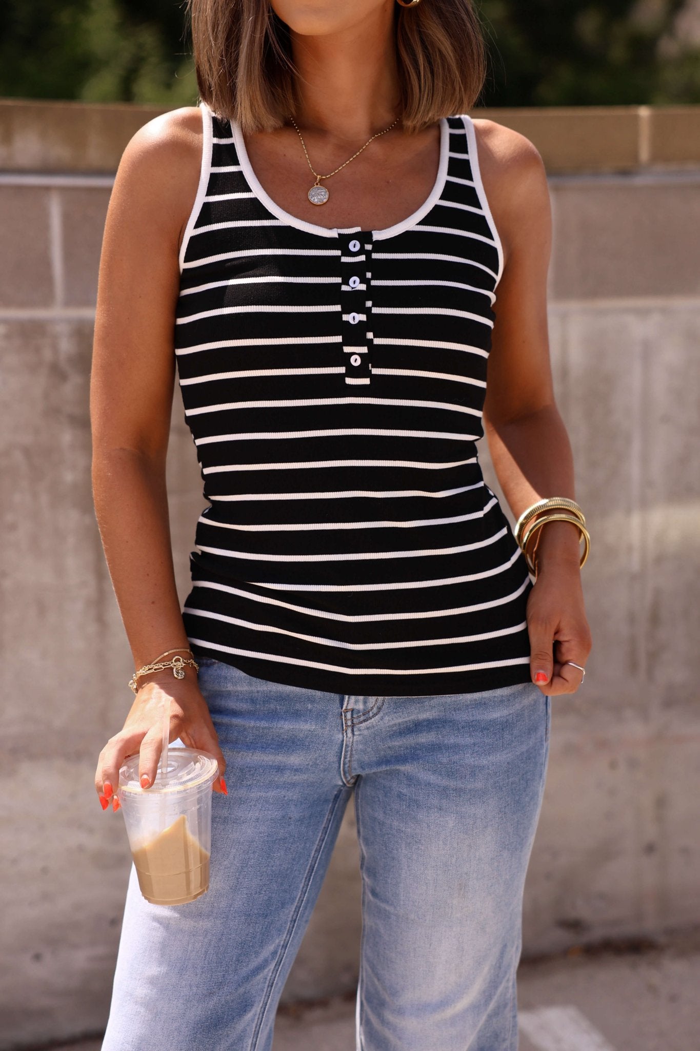 Black Striped Rib Button Tank Top