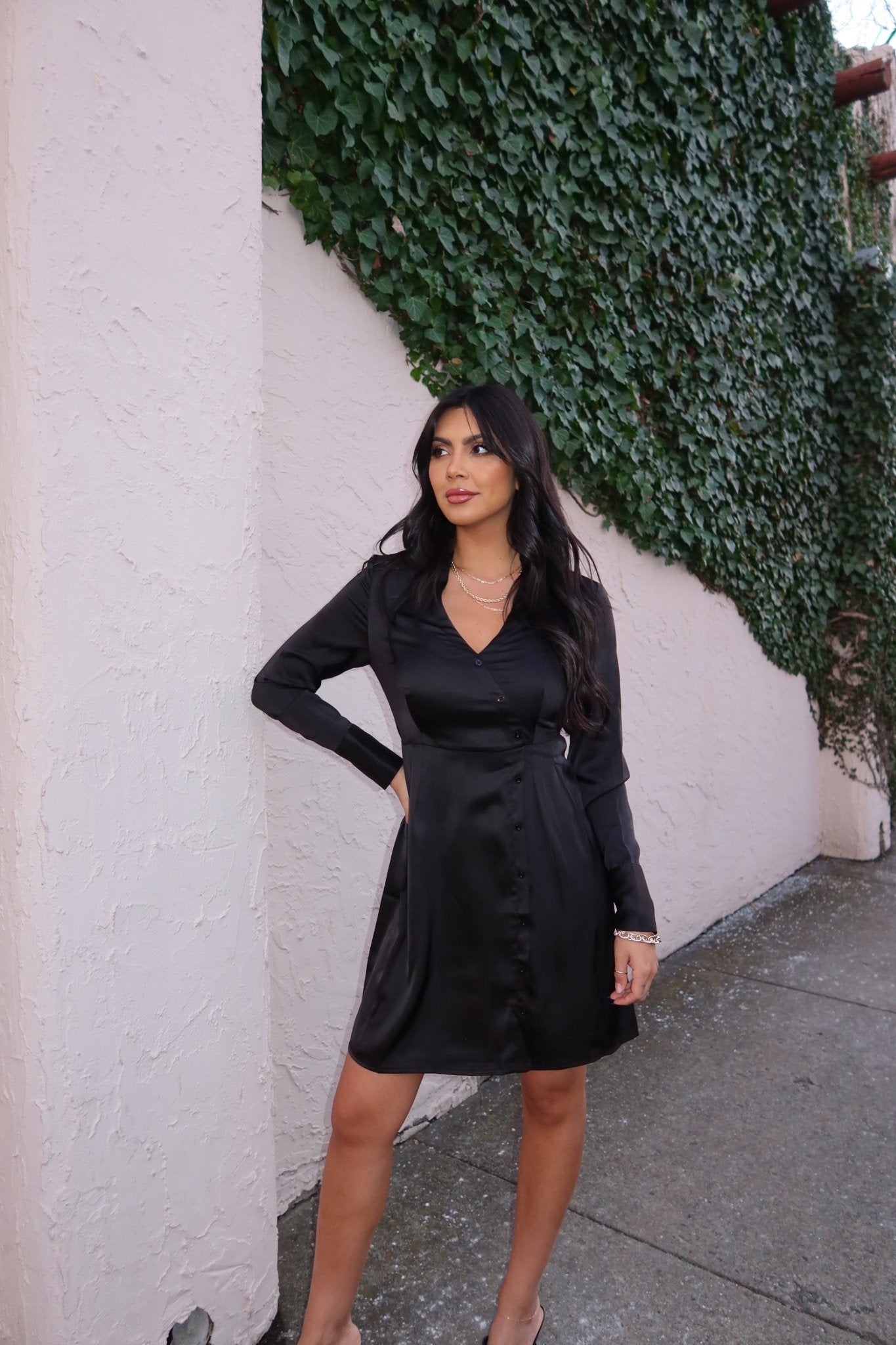 Black V Neck Satin Mini Dress