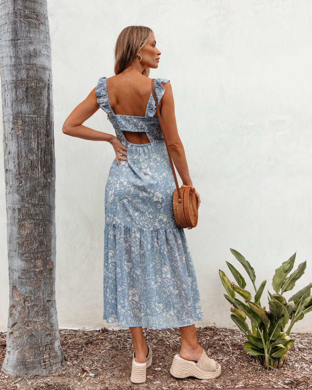 Blue Floral Print Chiffon Midi Dress - FINAL SALE