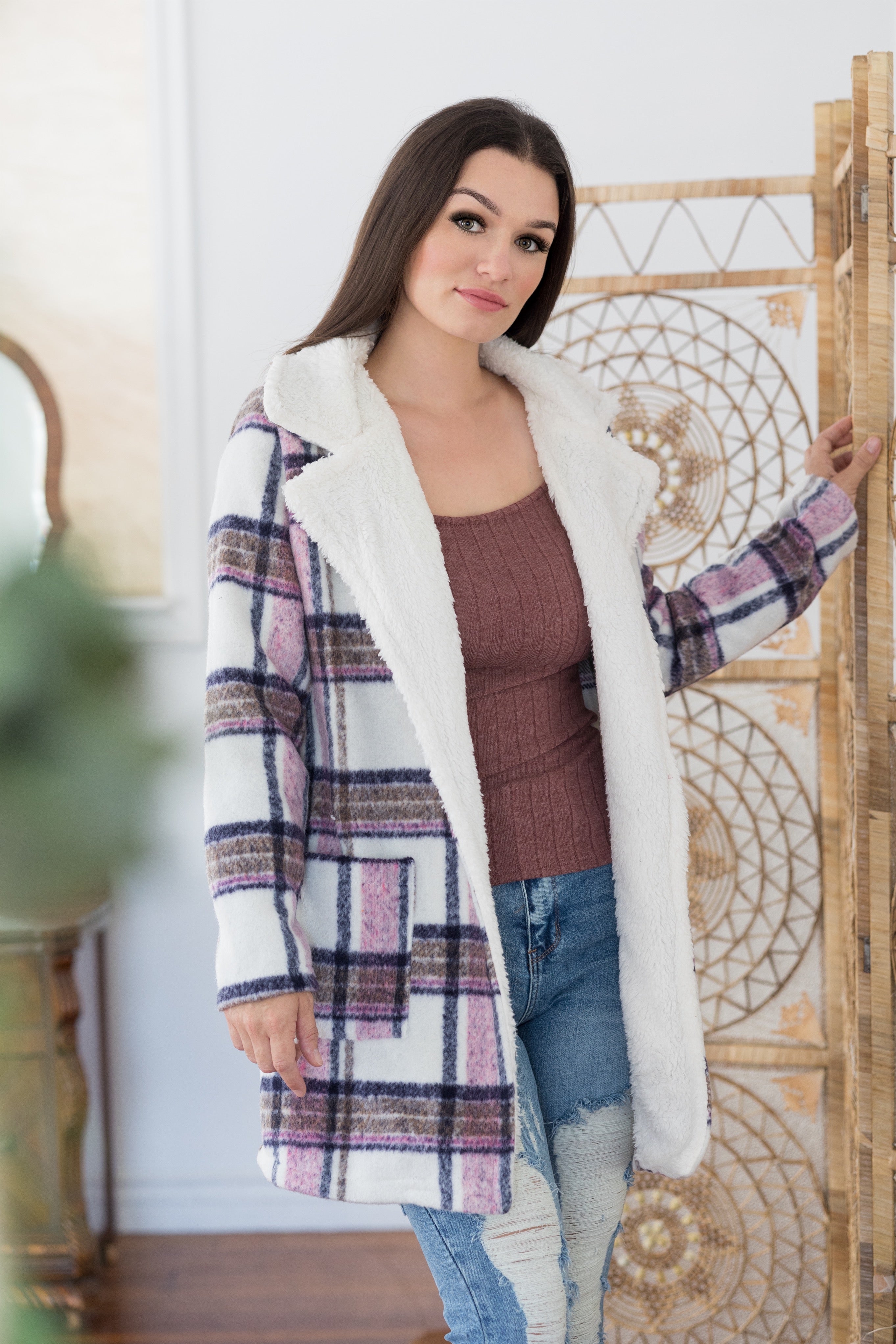 Plum Plaid Faux Fur Jacket