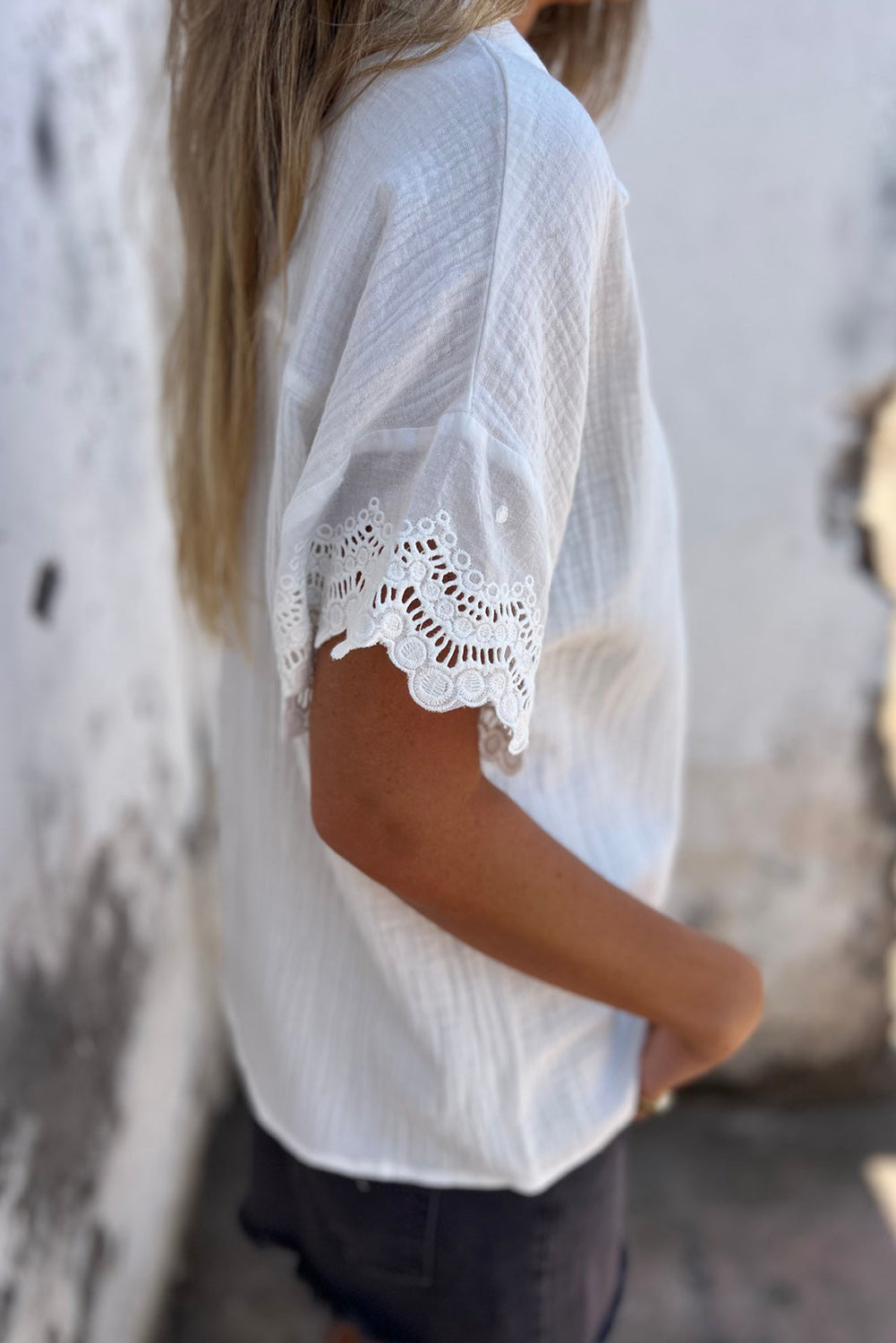PRE-ORDER: Crinkled Lace Sleeve Collared V Neck Blouse
