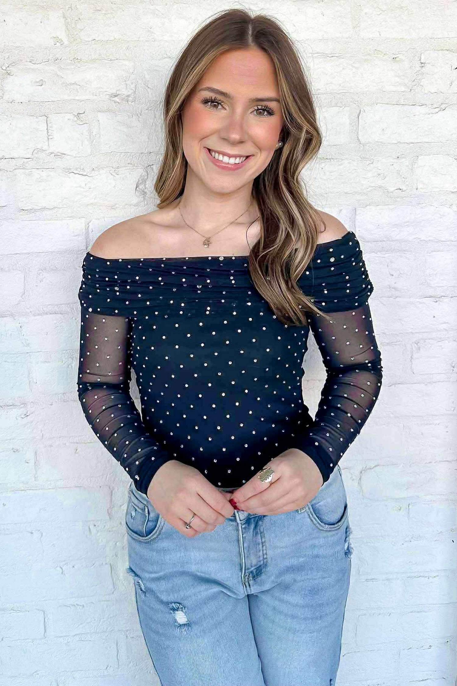 PRE-ORDER: Blue Polka Dot Mesh Off-Shoulder Top