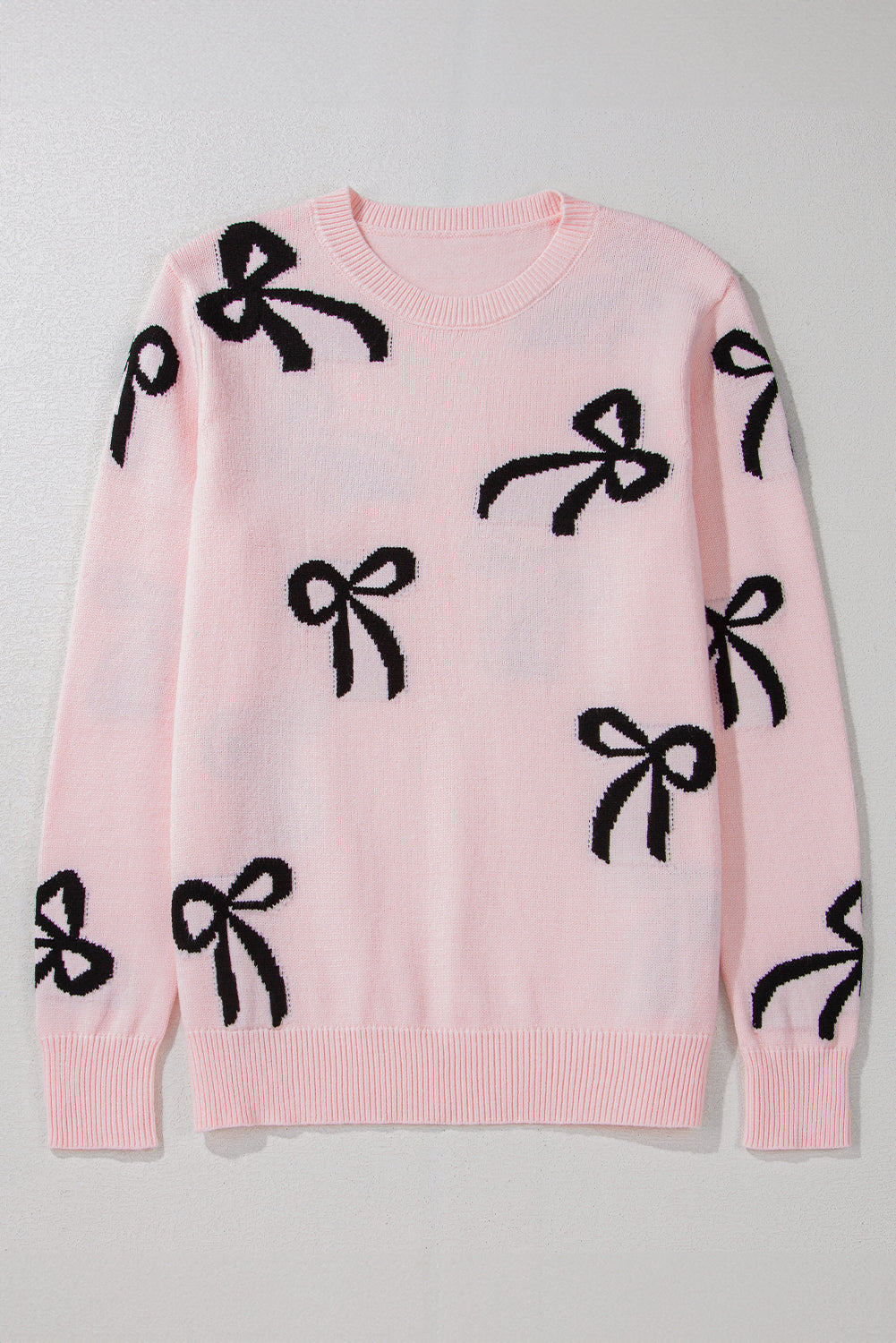 PRE-ORDER: Light Pink Bow Print Long Sleeve Loose Fit Sweater