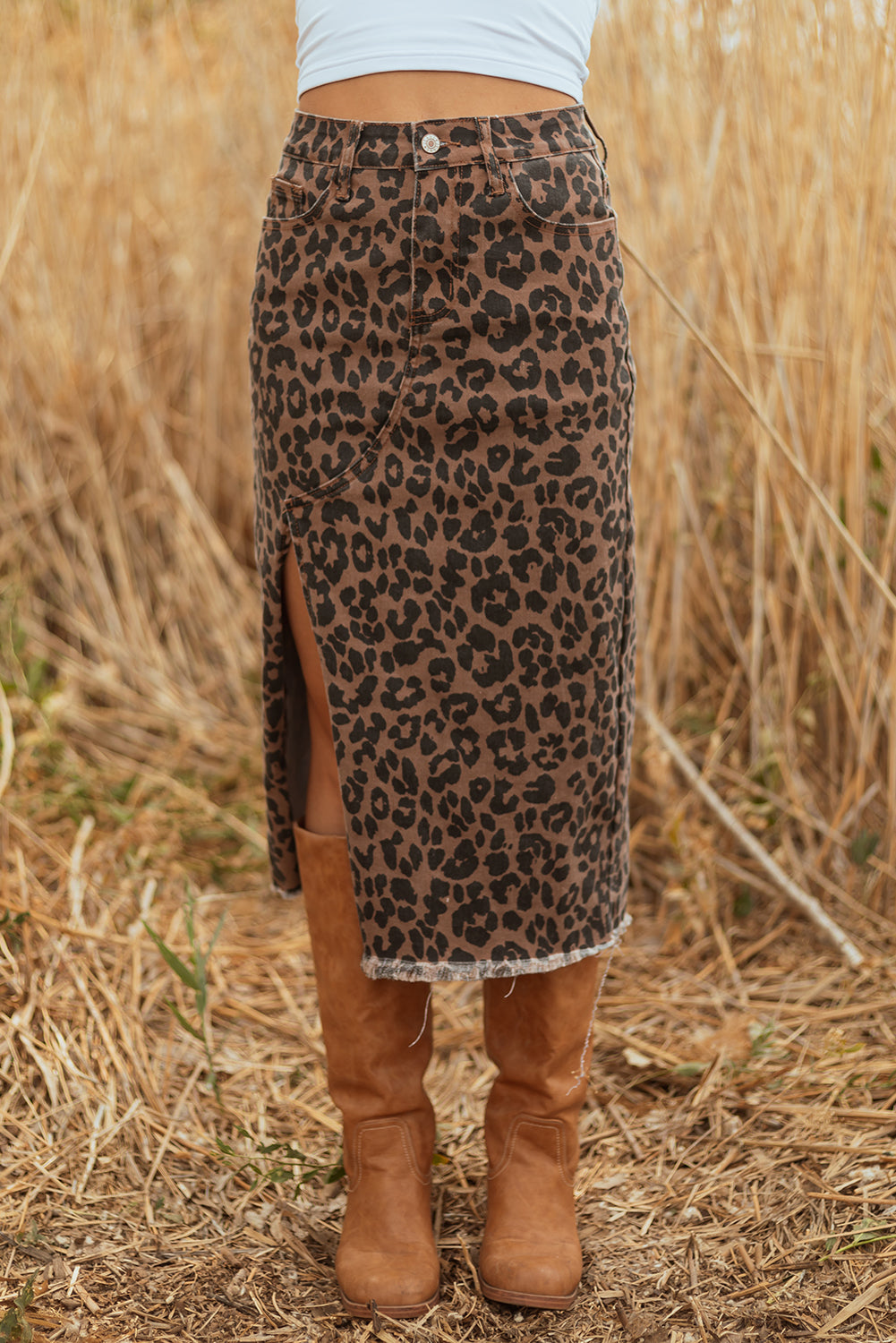 Brown leopard print frayed denim skirt