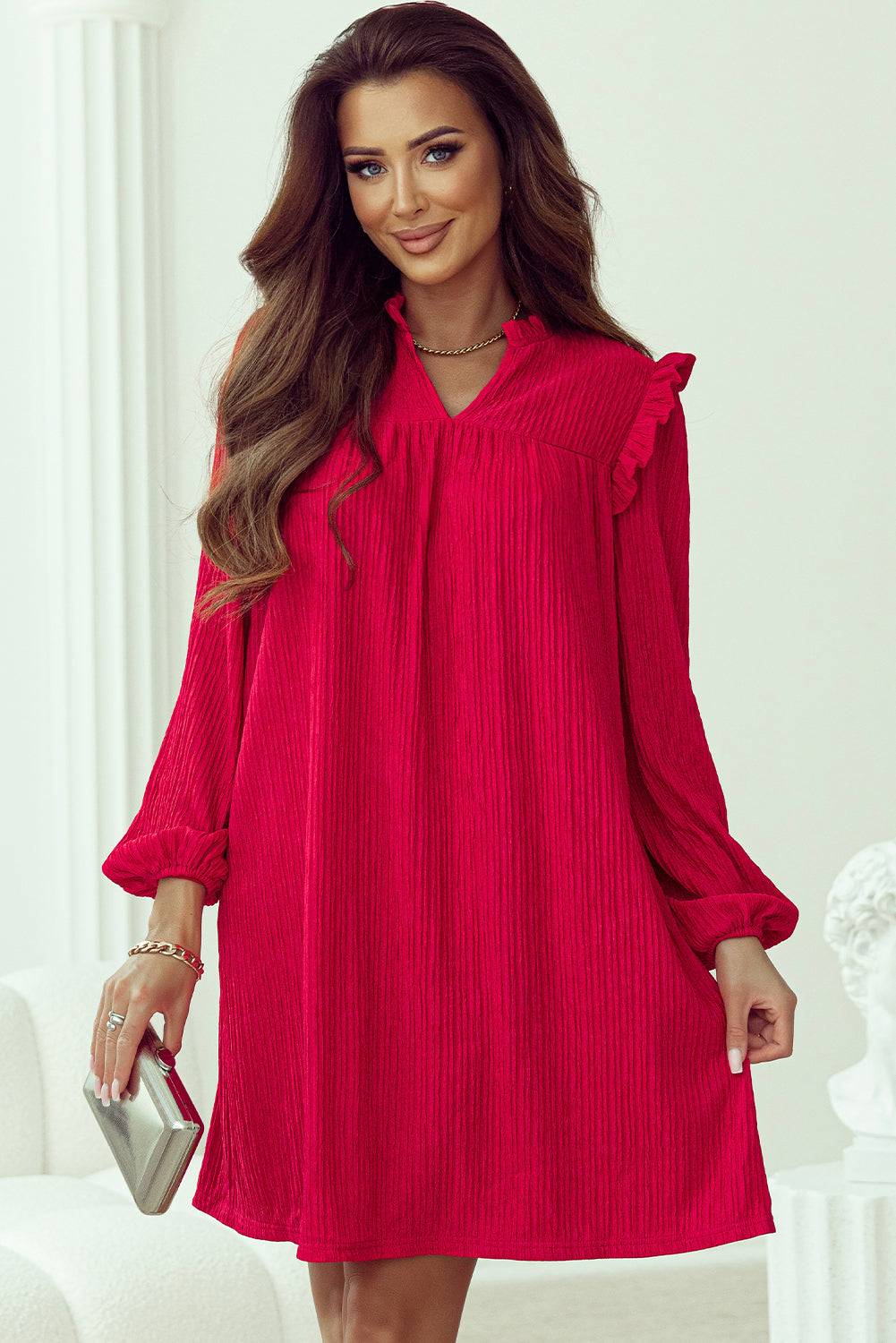 Fiery Red Textured Ruffled Trim Loose Fit Mini Dress