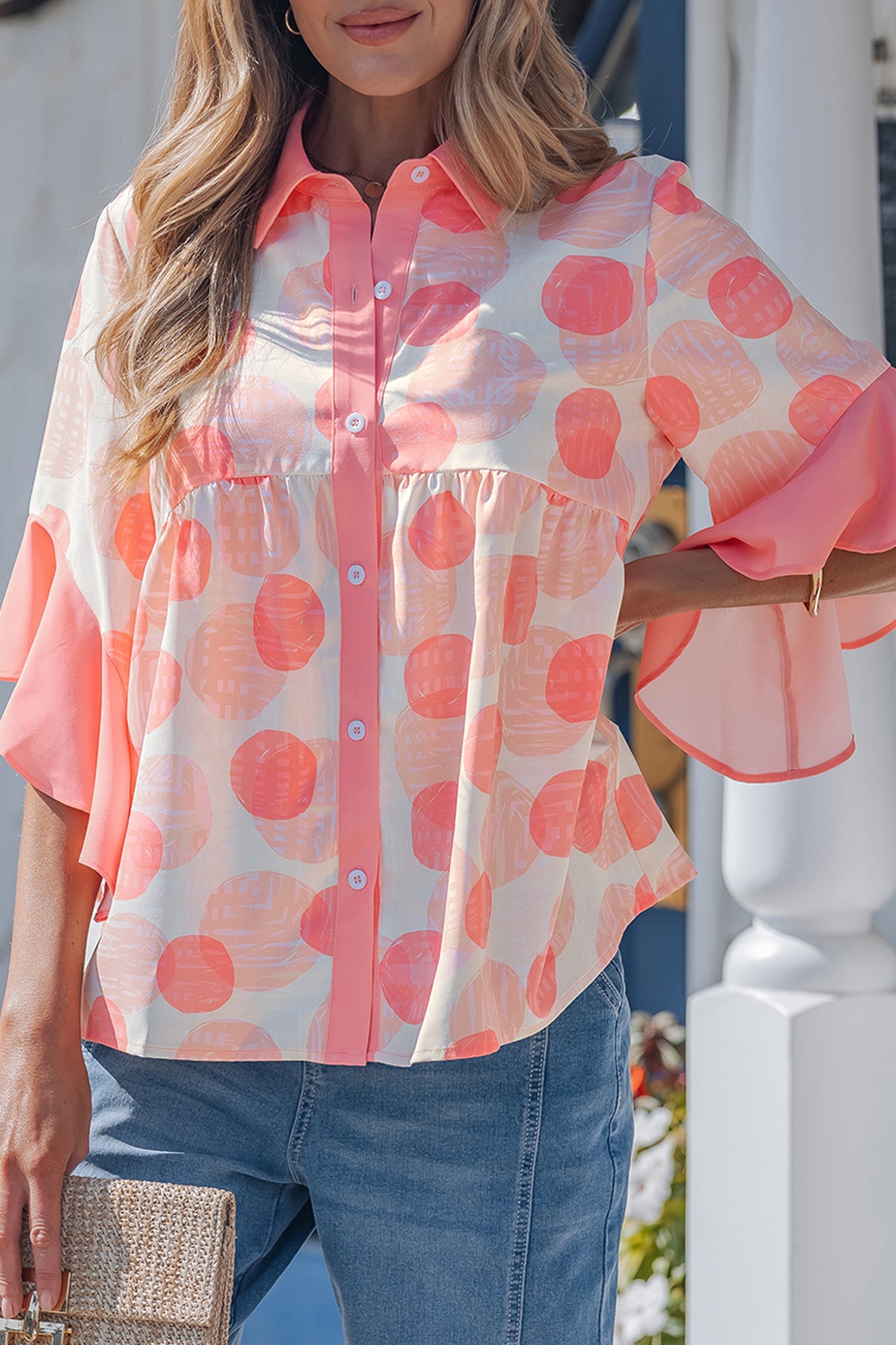 PRE-ORDER: Pink Double Polka Dot Ruffle Trim Babydoll Top