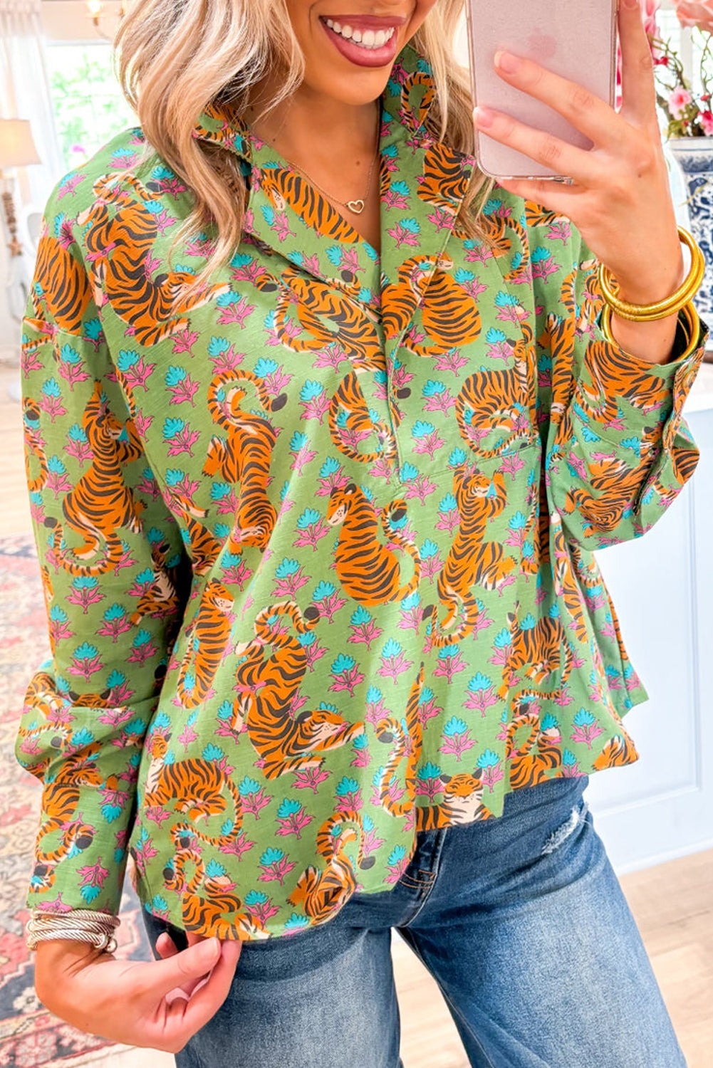 Green Tiger Floral Printed Collared V Neck Blouse