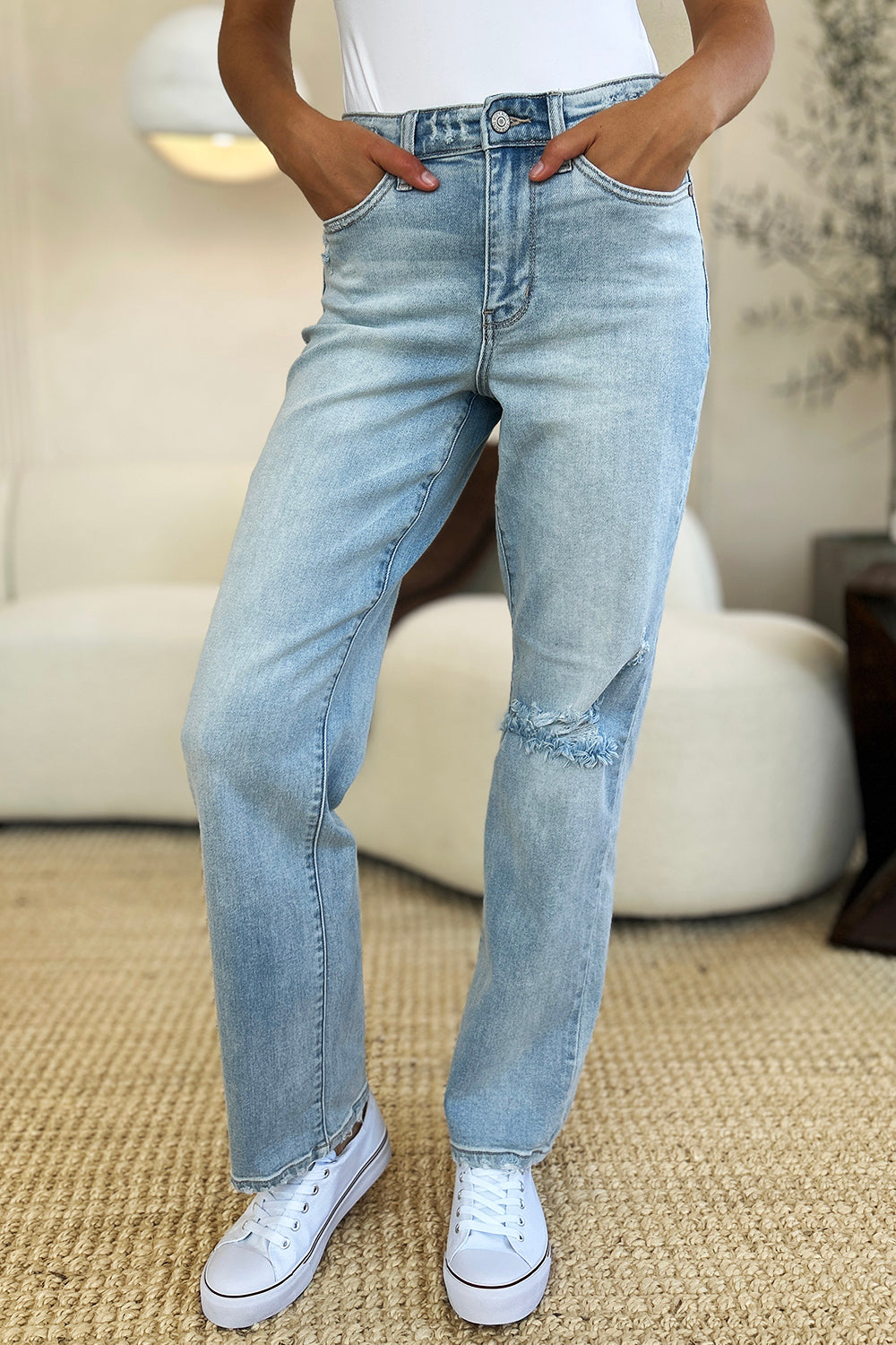 High Waist Distressed Straight Jeans