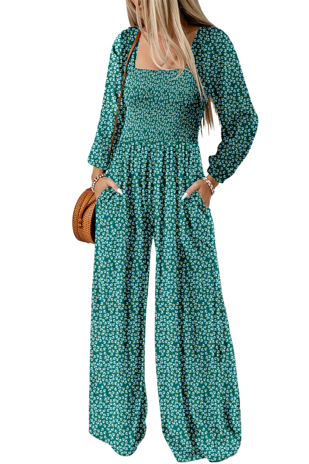 PRE-ORDER: Green Floral Print Shirred Bodice Wide Leg Jumpsuit