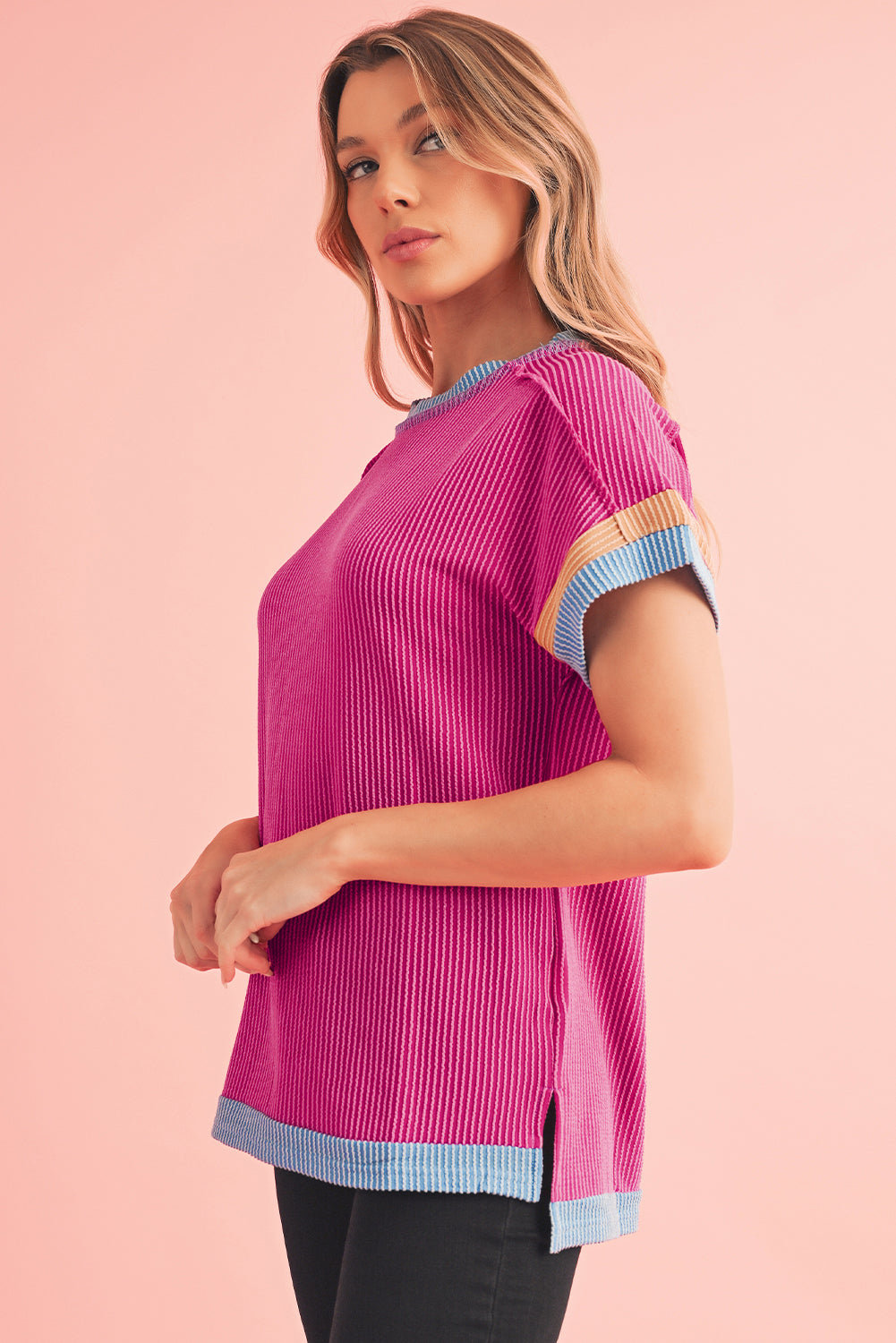 PRE-ORDER: Textured Contrast Color Round Neck T Shirt