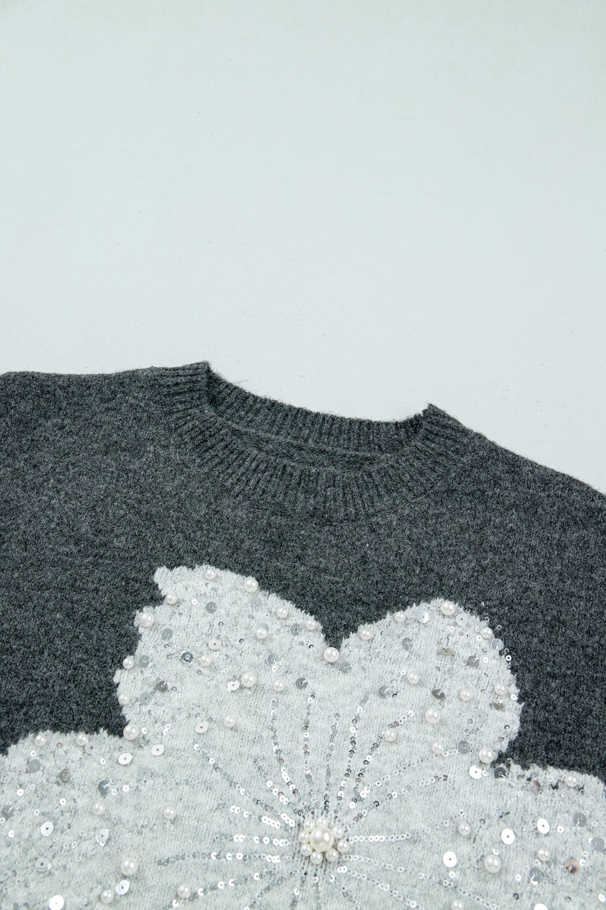 PRE-ORDER: Dark Grey Beaded Floral Accent Casual Round Neck Sweater