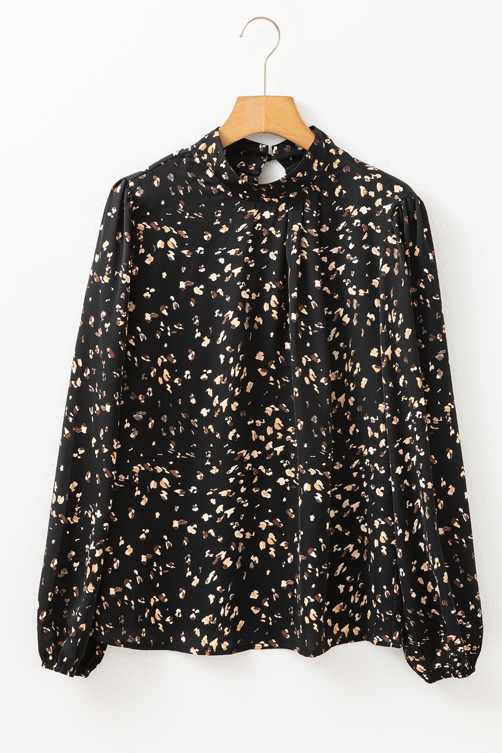 PRE-ORDER: Leopard Print Puff Sleeve Mock Neck Pleated Blouse