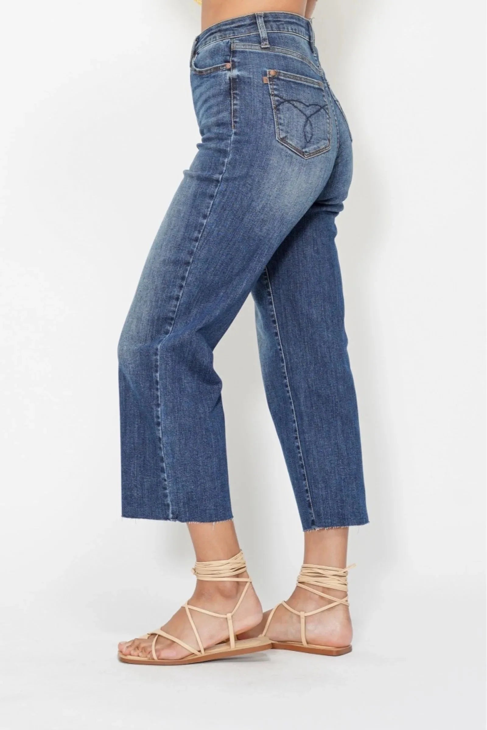 High Waist Back Pocket Embroidery Crop Wide Jeans
