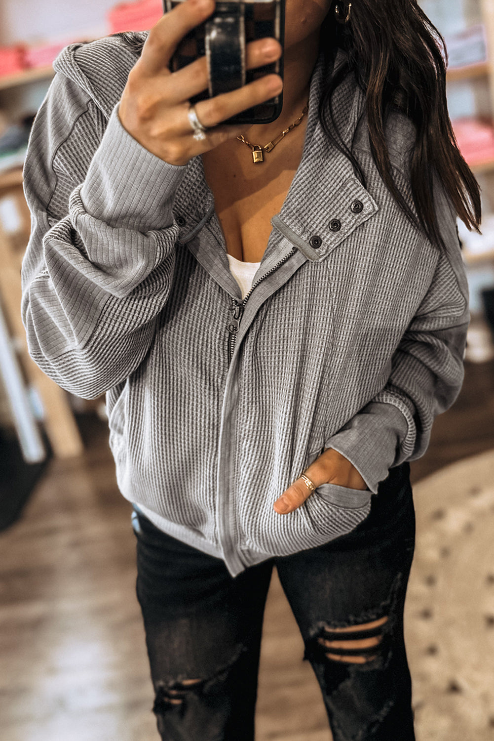 Waffle Splicing Zip Up Front Button Hooded Jacket